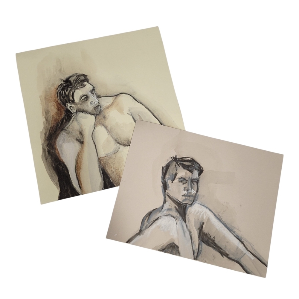 Original Male Figure Drawings Signed Barbara Hansen 2014 – Charcoal & Wash Nude